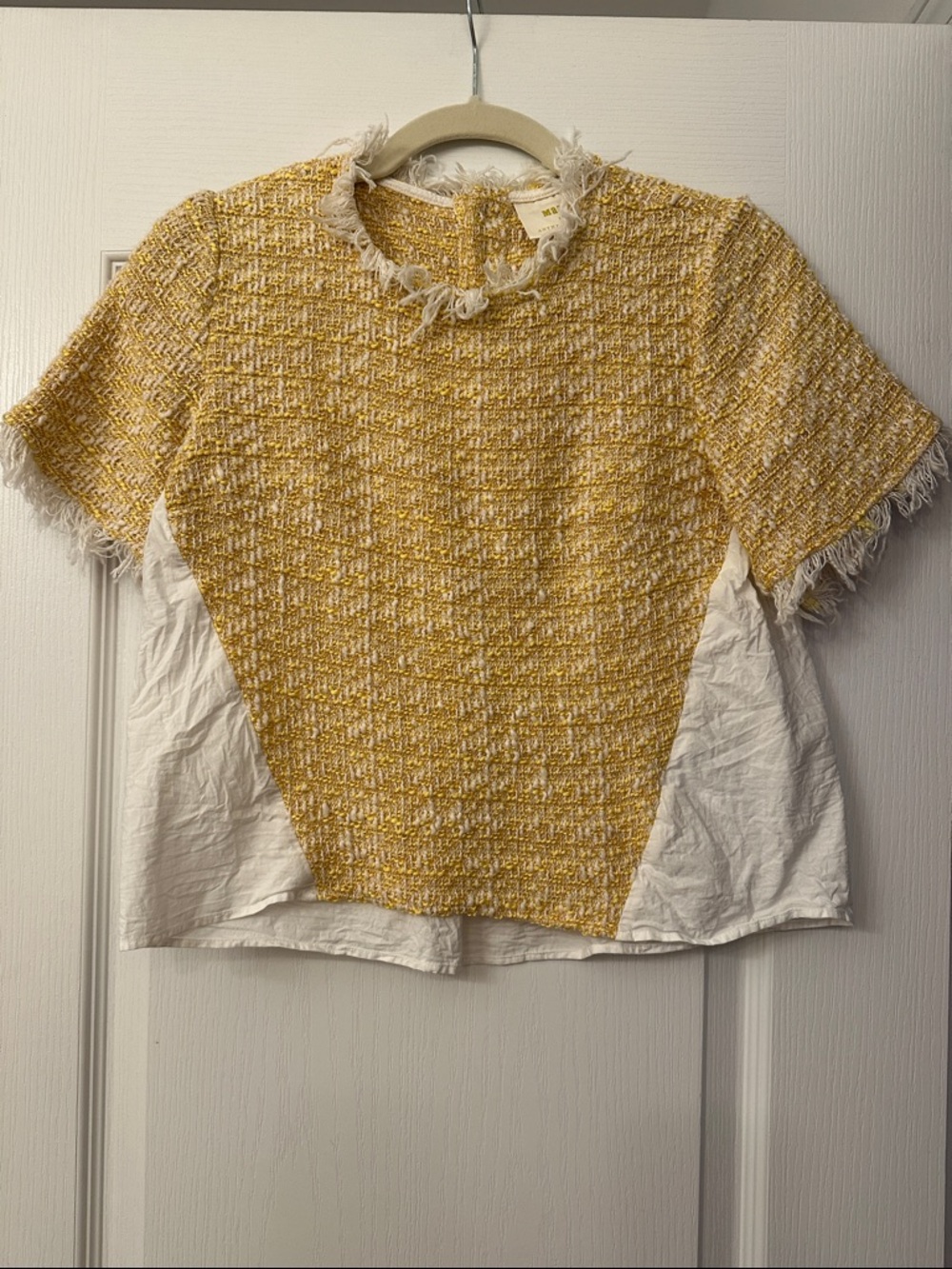Anthropologie Maeve Yellow and White Tweed Short Sleeve Top